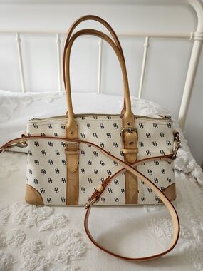 Dooney & Bourke Cream Canvas Monogram Satchel with Tan Leather Trim K561768